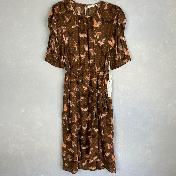 Happy Nature size L short puff flutter sleeve midi dress brown bird print NEW - Picture 1 of 17